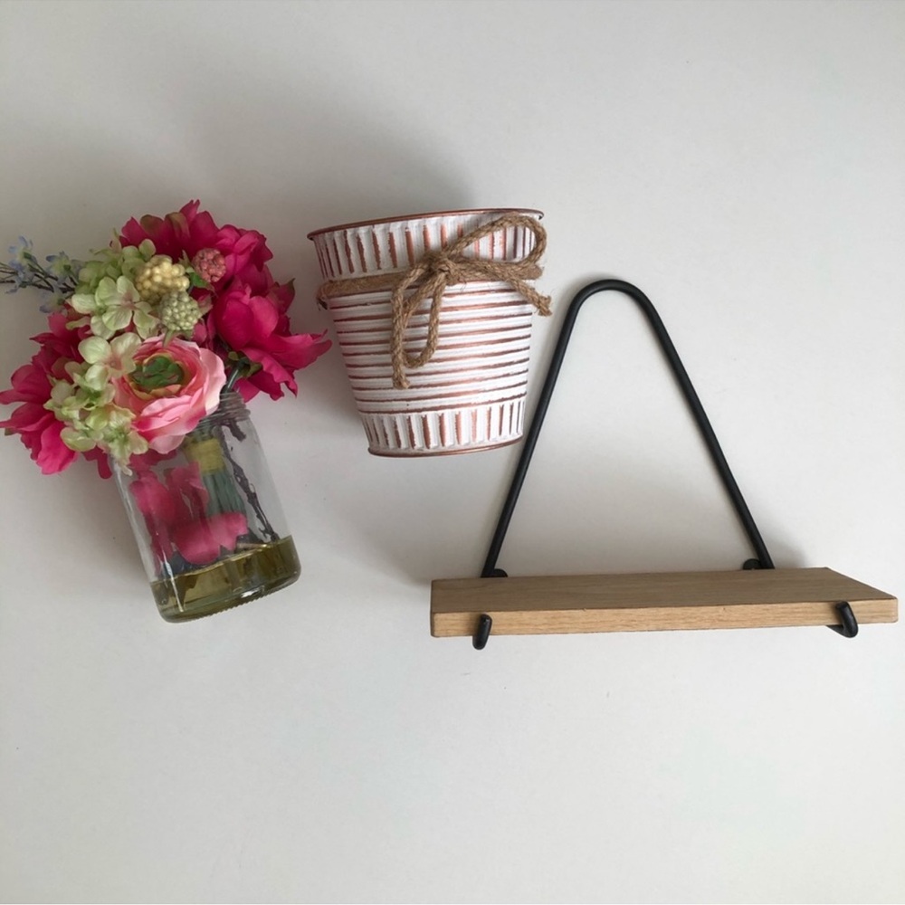 Home Decor Floral Vase Wood Shelf Tin Pot Pink Rose